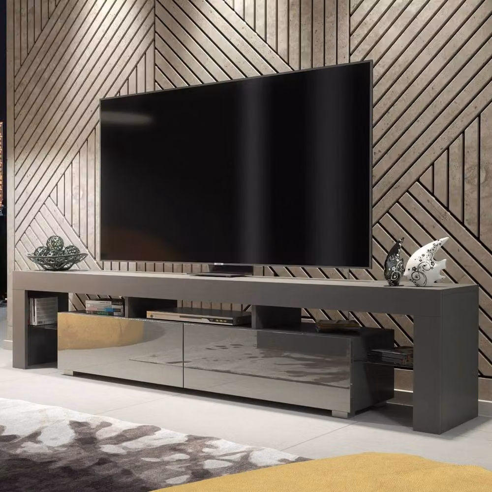 PAWNORA Modern Glossy Grey TV Unit and Sideboard Cabinet with Glass – 2