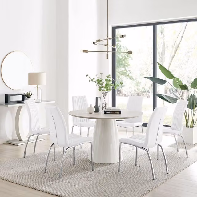 FurnitureboxUK Palma Beige Stone Effect Round Dining Table and 6 Isco Chairs in White