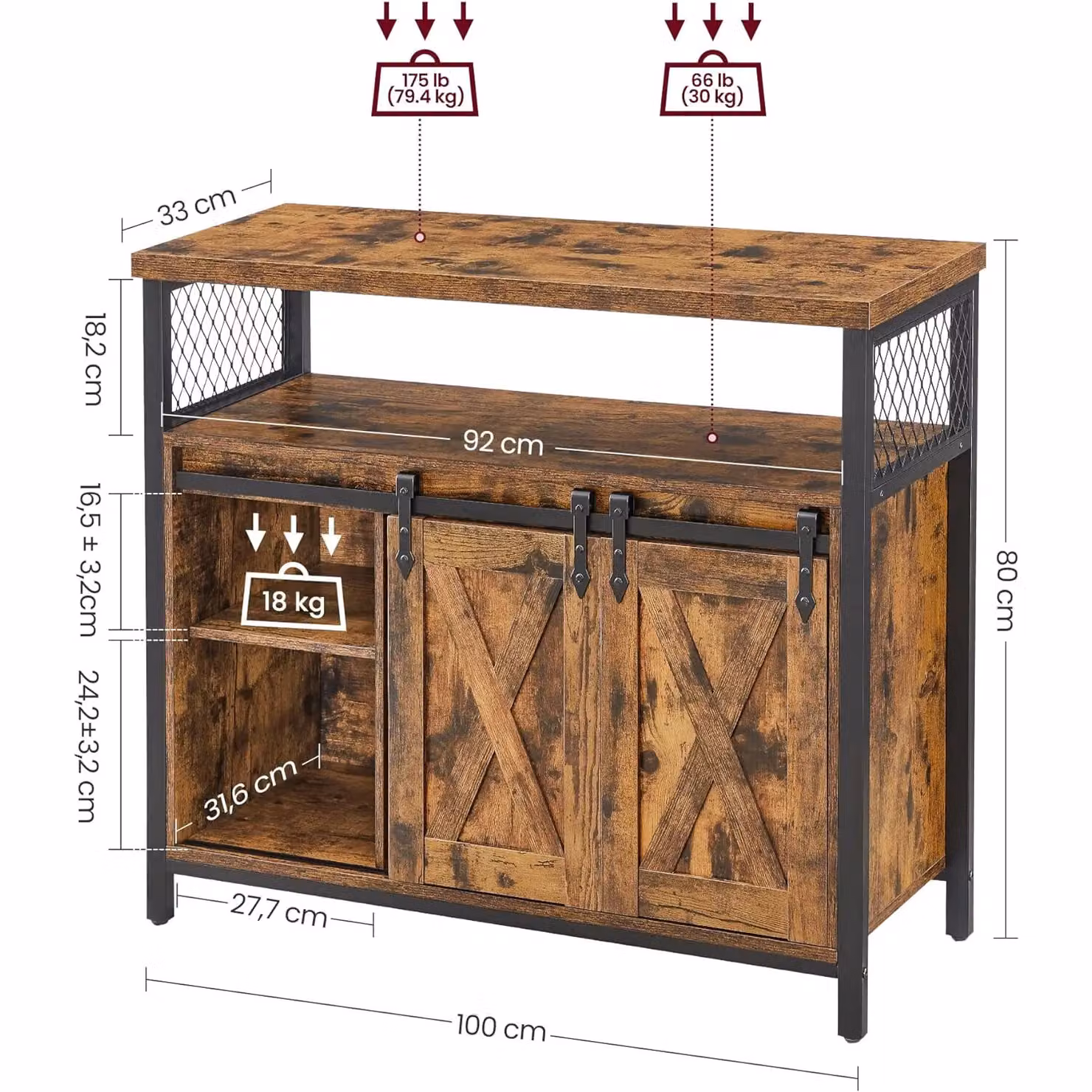VASAGLE Industrial Sideboard Kitchen Cabinet with 2 Sliding Barn Doors and Adjustable Shelves in Brown – 3