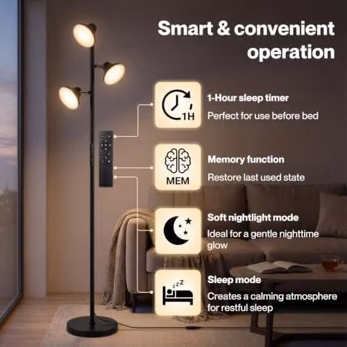 Emitto 3-Light LED Floor Lamp in Black with Remote Control and Touch Dimming – 5