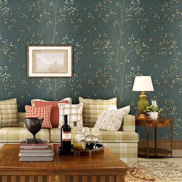 Livingandhome 3D Non-Woven Fabric Wallpaper with Leaf Branch Pattern in Dark Green