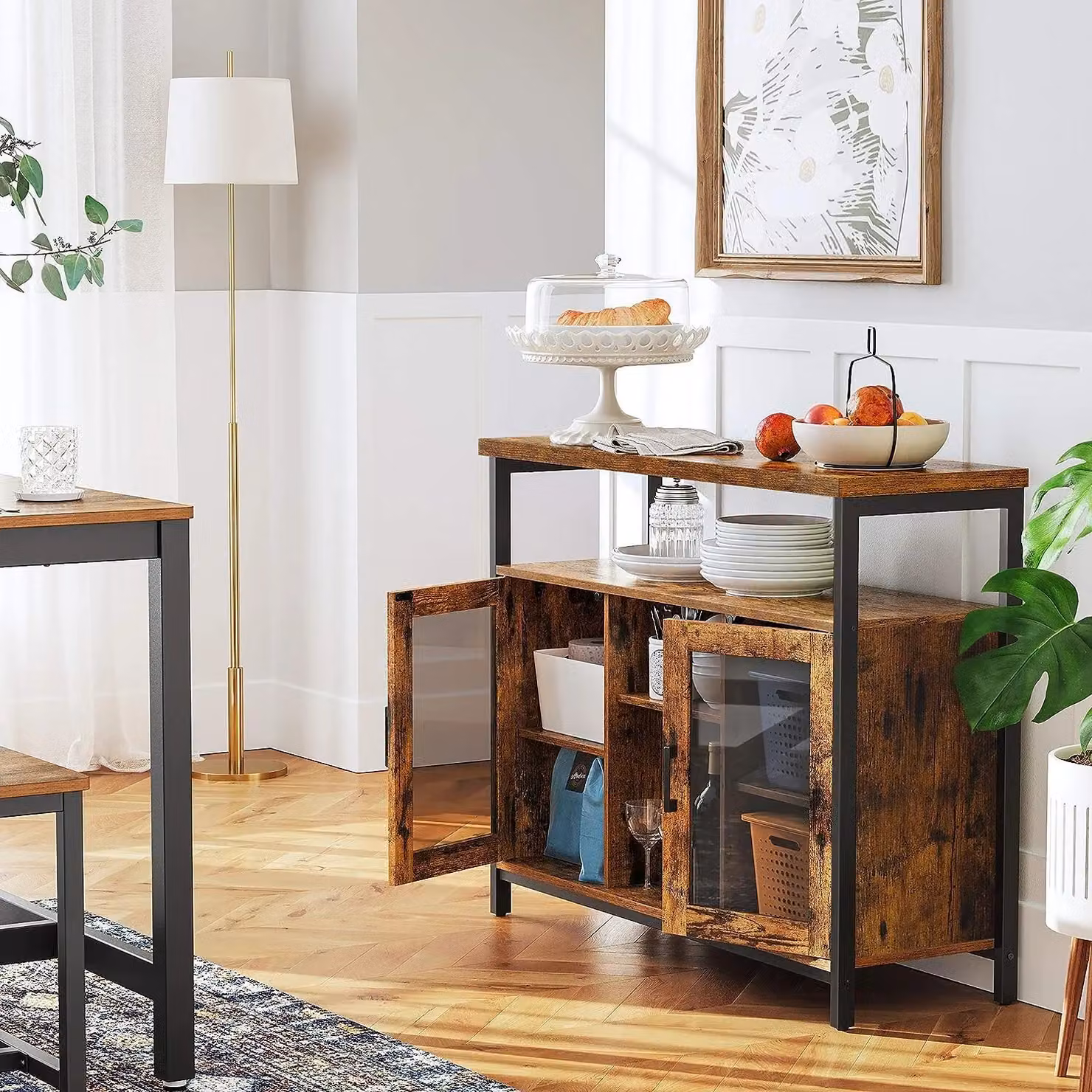 VASAGLE Industrial Sideboard Buffet and TV Cabinet with 2 Transparent Glass Doors in Brown – 2