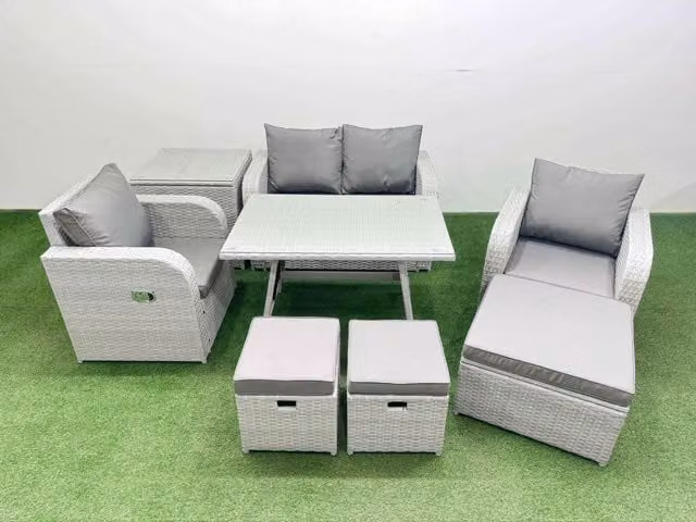 Fimous PE Wicker Rattan Garden Furniture Set in Light Grey with Reclining Chairs, 2-Seater Sofa, Ottoman and Coffee Table