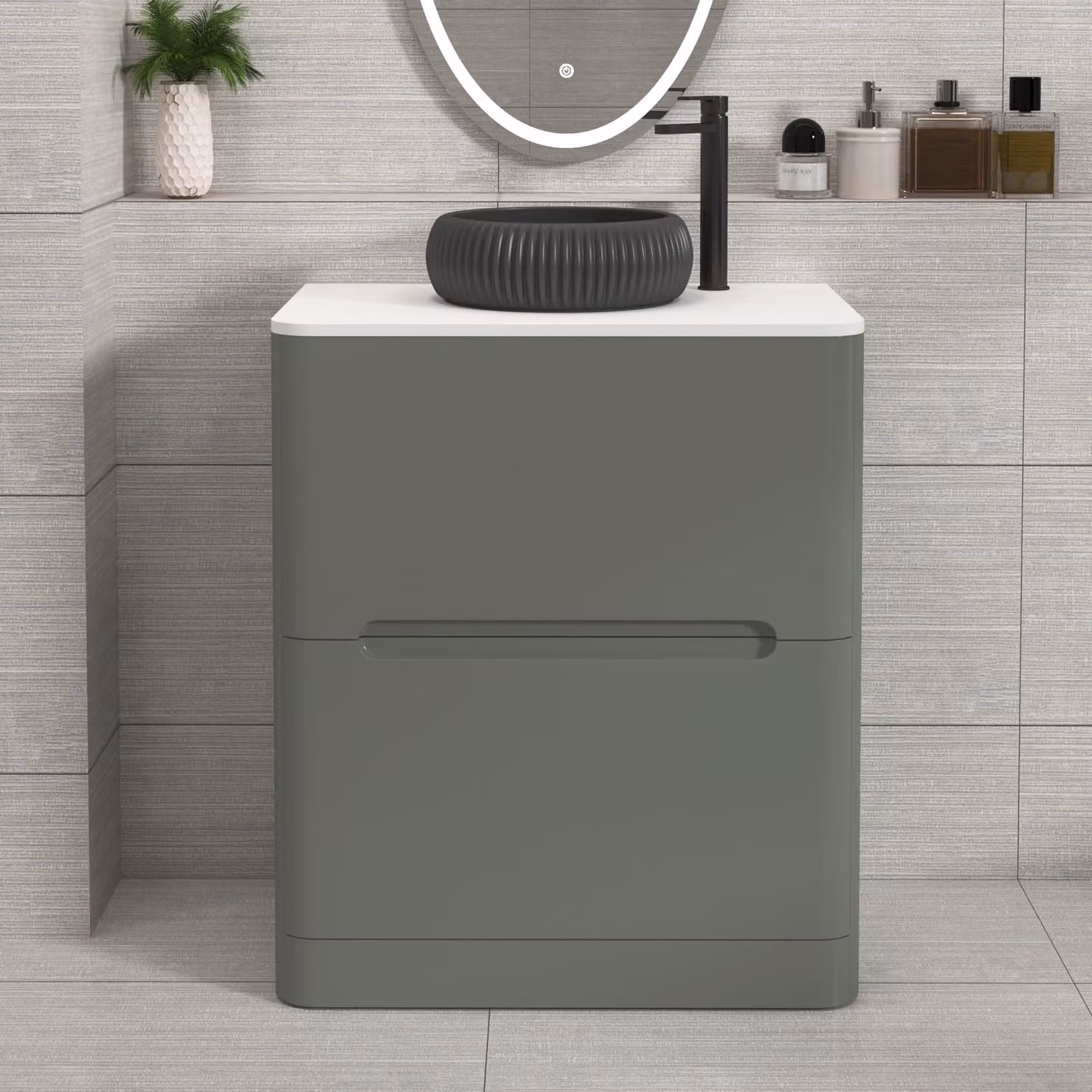Royal Bathrooms Venice 700mm Sage Green Floor Standing Vanity Unit with 2 Drawers, Plain White Worktop and Milan Black Basin