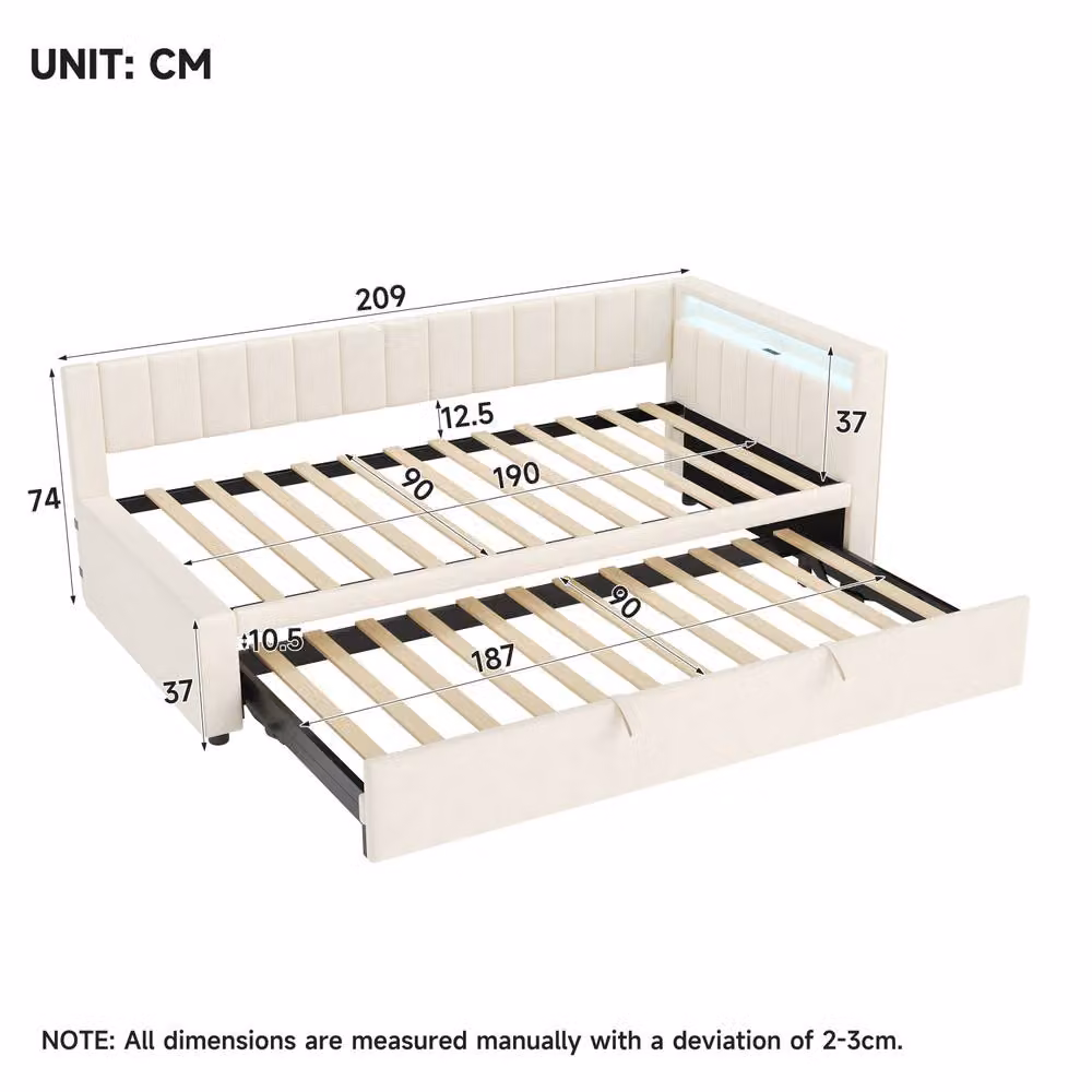 ModernLuxe Upholstered Single Daybed with LED Under-bed Lighting, USB Charging Port and Pull-out Trundle in Beige, W/D/H: 190 x 90 x 74 cm – 3
