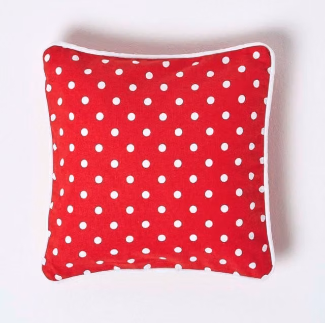 Homescapes Red Dotted Cotton Square Cushion Cover, W: 30 cm x H: 30 cm