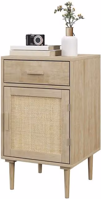 KORVIXA Bedside Table with Rattan Drawer in Beige, W/D/H: 100 x 100 x 68.5 cm