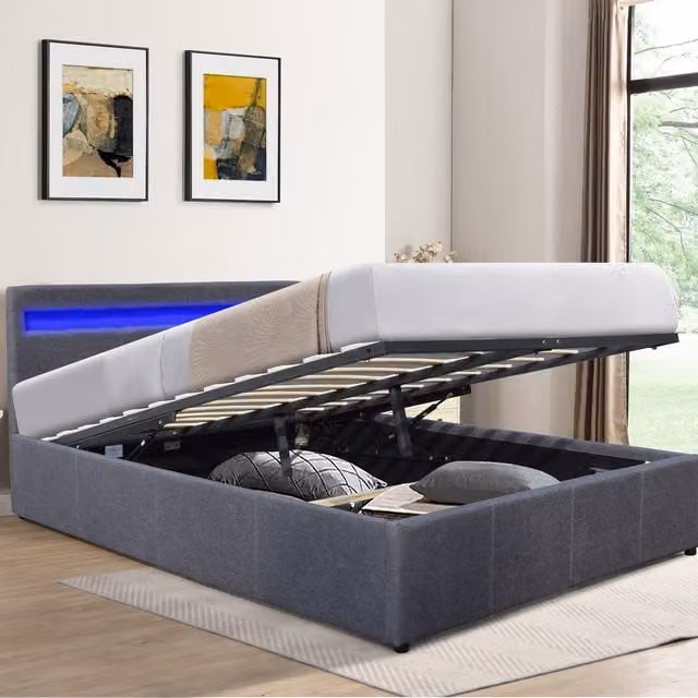 Comfy Living Modern Upholstered Gas Lift Ottoman Bed Frame with LED Under-bed Lighting, Grey, 140 x 200 cm