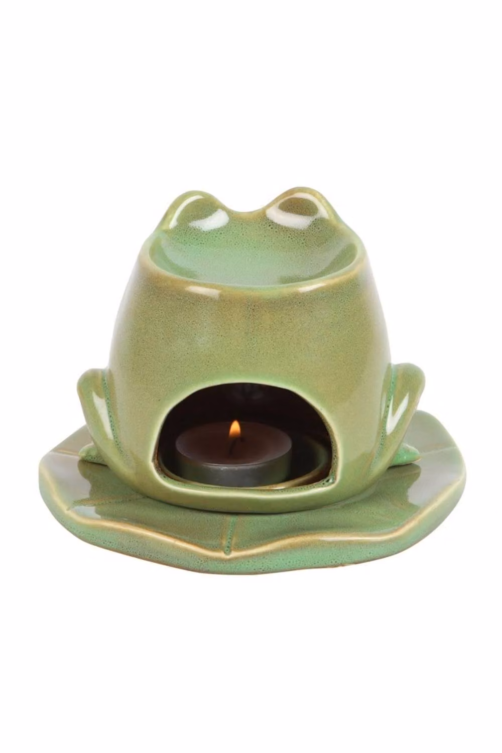 KDMD Green Ceramic Frog-Shaped Oil Burner with Lily Pad Plate and Tealight Holder – 2