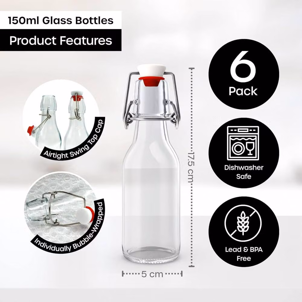 Volila 6 Pack Clear Glass Bottles with Clip Stoppers, 150ml each – 2