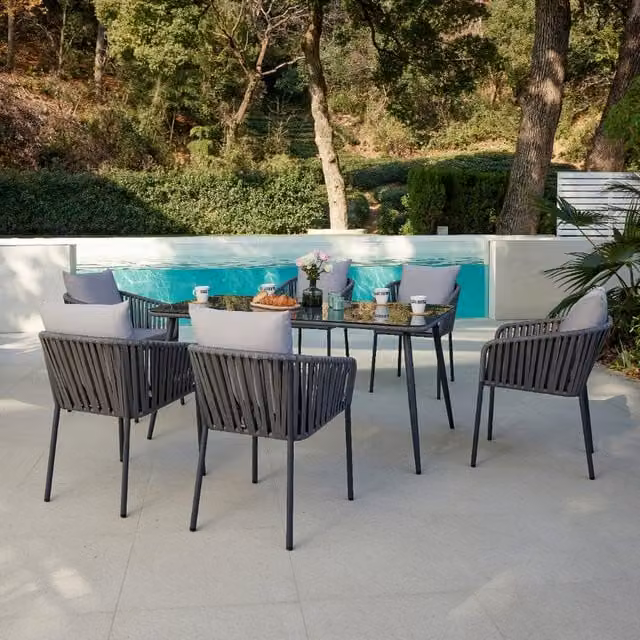 Verita Grey Metal Garden Dining Set with 6 Chairs, Cushions, Table and Cover, W/D/H: 160 x 90 x 76.5 cm