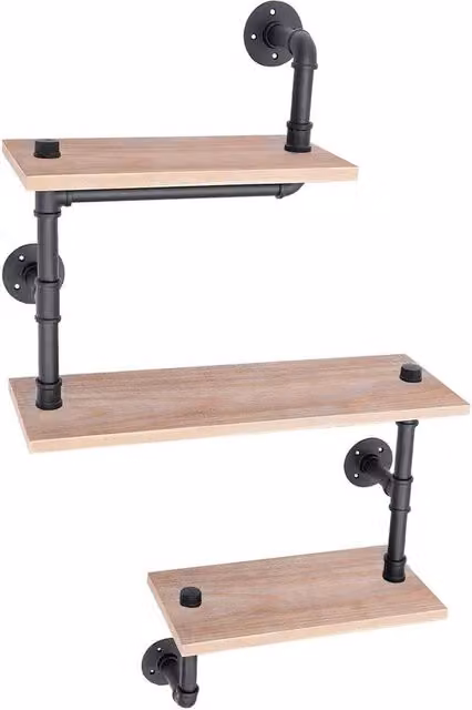 Ventryn 3 Tier Industrial Floating Wall Storage Shelf in Brown Metal and Wood