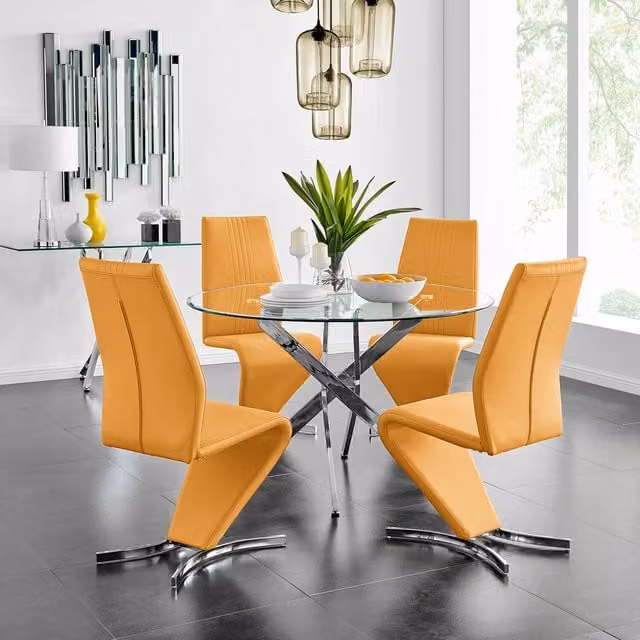 FurnitureboxUK Novara Round Glass and Chrome Metal Dining Table with 4 Willow Chairs in Yellow, Diameter: 120 cm