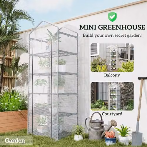 Outsunny 5 Tier Mini Greenhouse with PE Cover and Roll Up Door, White/Grey, W/D/H: 69 x 49 x 193 cm – 4