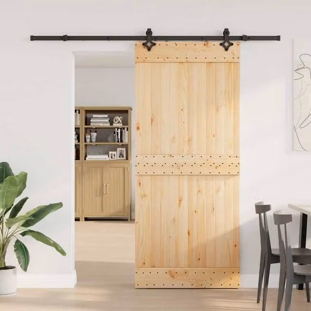 Berkfield Home Modern Sliding Door with Hardware Set in Beige Solid Wood, W: 90 cm, H: 210 cm