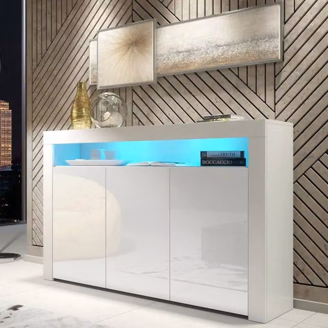 PAWNORA TV Stand Sideboard in White Matt with White Gloss Doors