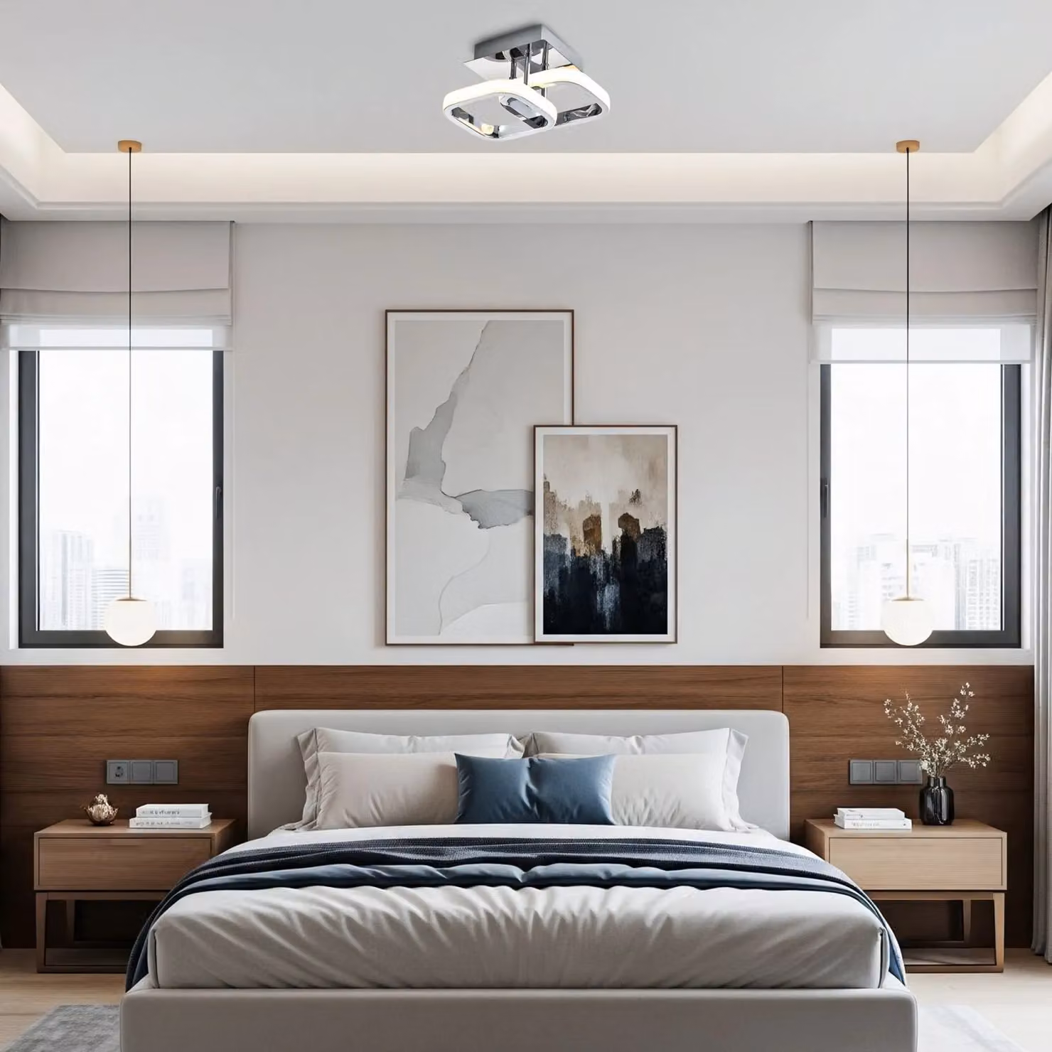Happy Homewares Contemporary Compact Double Head LED Chrome Ceiling Light Fitting in Silver – 2