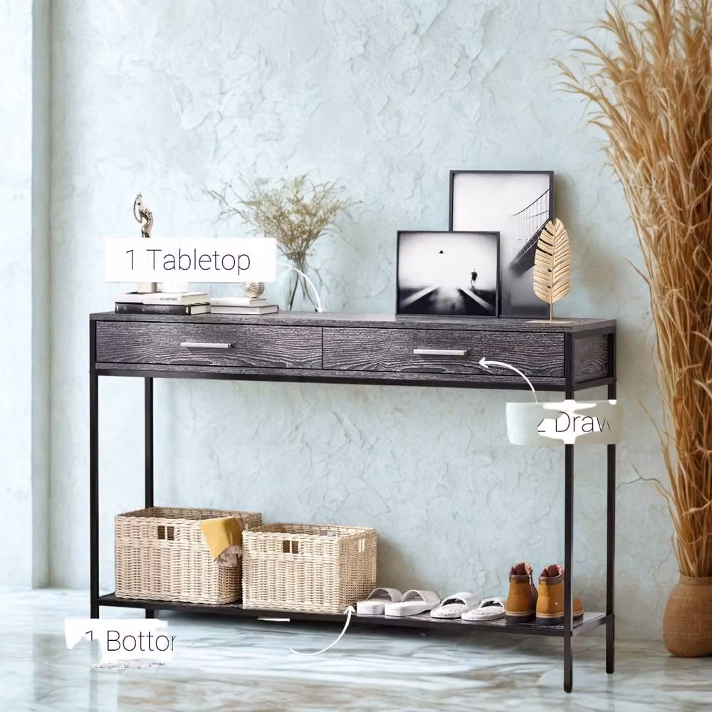 FURNOS 2 Tier Grey Console Table with Drawers for Entryway and Hallway, W: 81.5 cm, D: 30 cm, H: 50 cm – 2