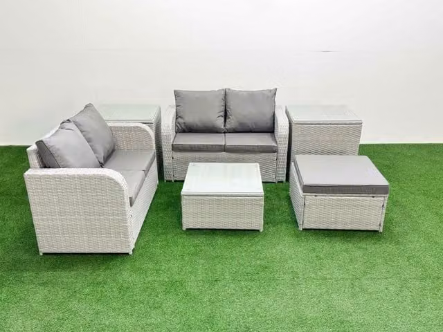 Fimous 5 Seater Rattan Garden Furniture Set in Light Grey with L-Shape Sofa, Coffee Table, Ottoman and Side Tables