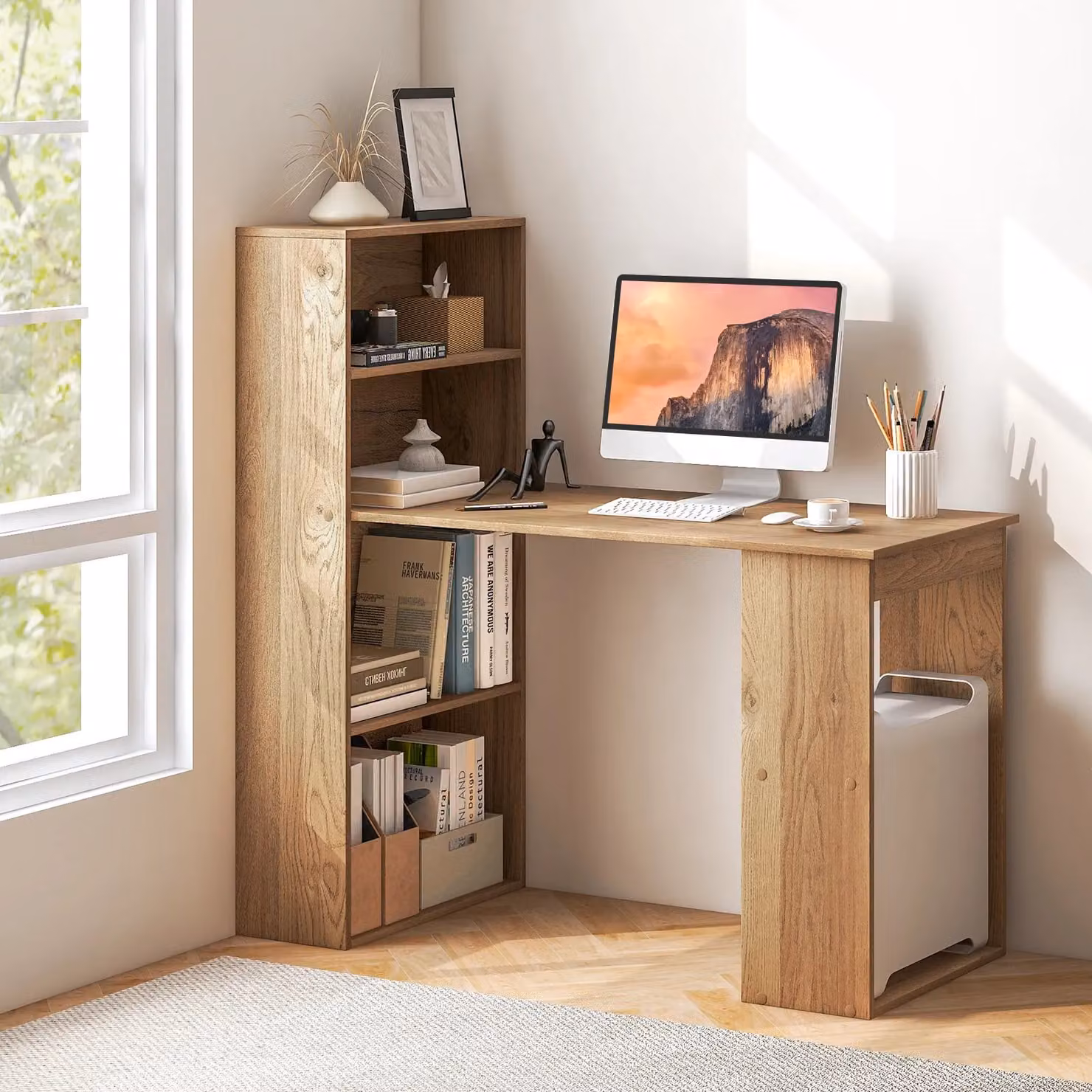 Costway Modern Computer Desk with 6-Tier Bookcase and Storage Shelves, Brown – 2