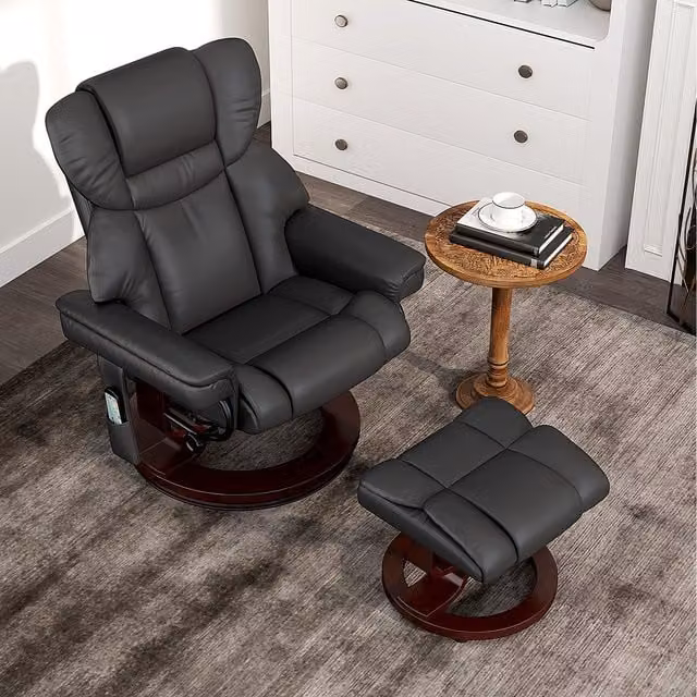 HOMCOM Black Synthetic Leather Upholstered Massage Recliner Chair with Swivel and Footstool