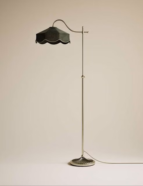M&S Winnie Green Velvet Floor Lamp with Gold/Brass Metal Base
