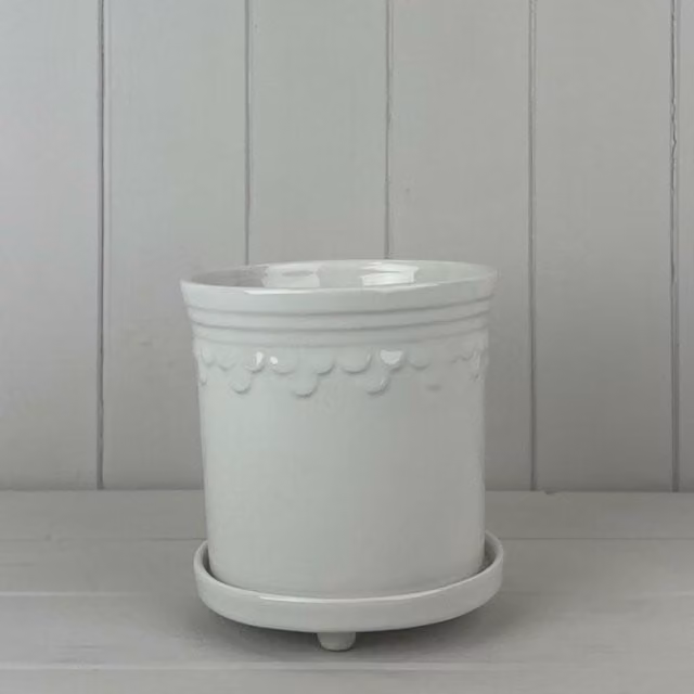 KDMD Minimalist Round Ceramic Tabletop Plant Pot with Saucer in White