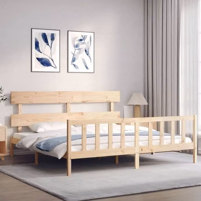 Berkfield Home Beautiful Bed Frame with Headboard in Beige Solid Pine Wood, W/D/H: 200 x 200 x 81 cm