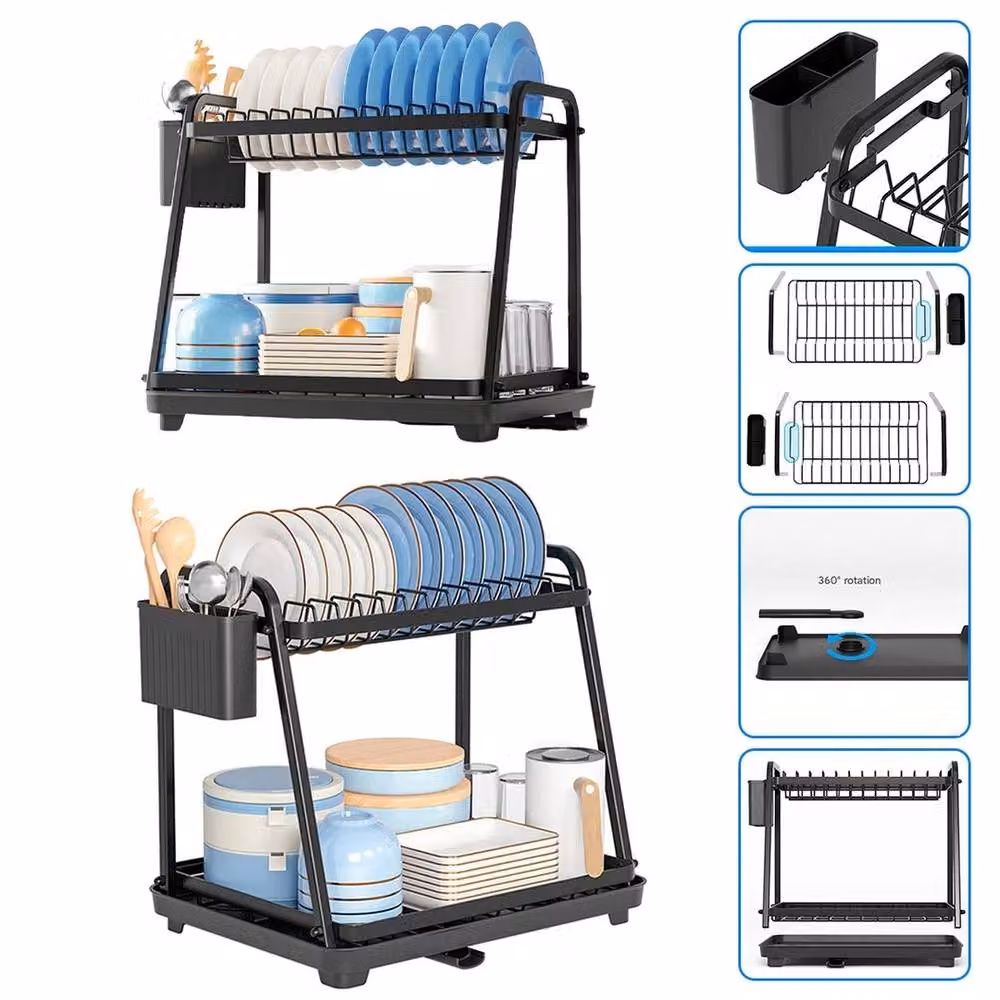 VOGREX 2-Tier Dish Drying Rack with Drip Tray and Cutlery Holder, Black – 5