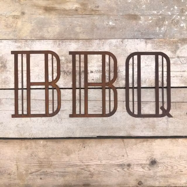RW Norfolk Rusty Metal BBQ Letters Garden Sign, Brown, W/H: 30.48 x 22.5 cm