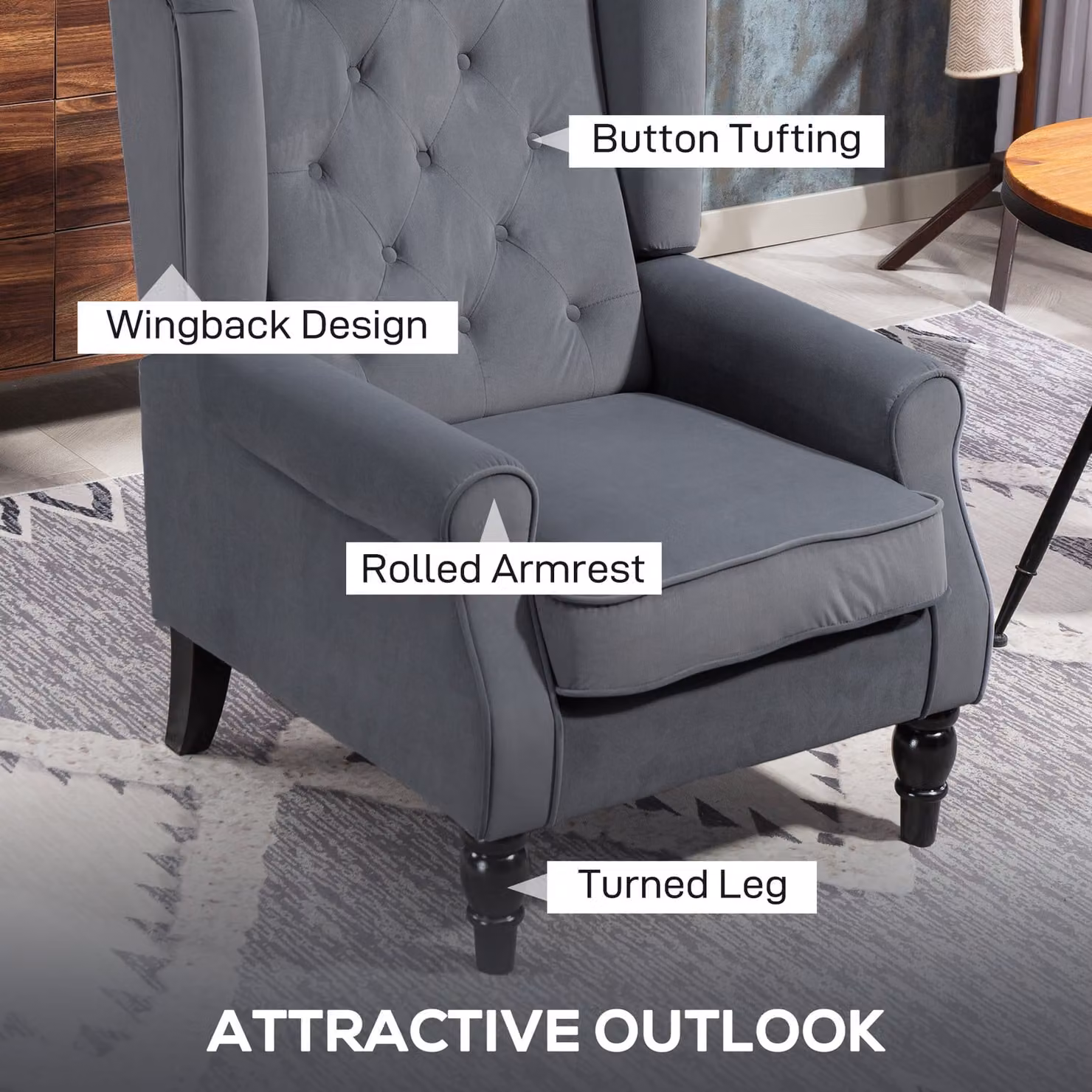 HOMCOM Grey Retro Wingback Accent Chair with Button Tufting and Armrests – 4