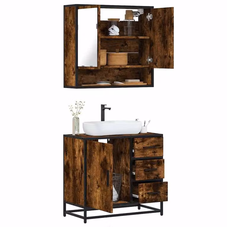 Berkfield Home 2 Piece Industrial Bathroom Furniture Set in Brown Smoked Oak with Mirror Cabinet and Vanity Unit