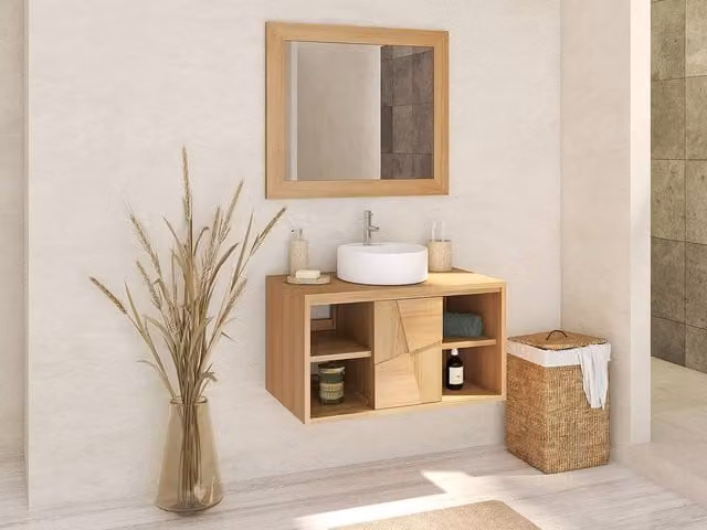 Vente-unique Sumbawa Suspended Teak Under-Sink Bathroom Cabinet in Light Oak, Width: 80 cm
