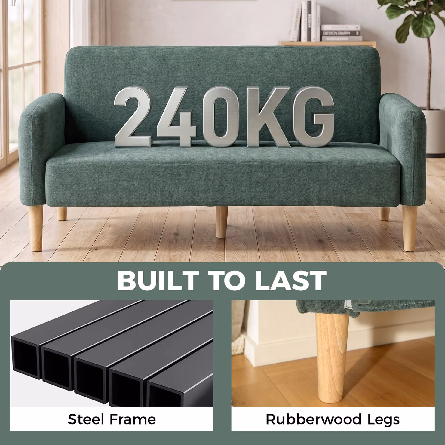 HOMCOM 2 Seater Velvet Sofa in Dark Green with Metal Frame and Mixed Padding – 5