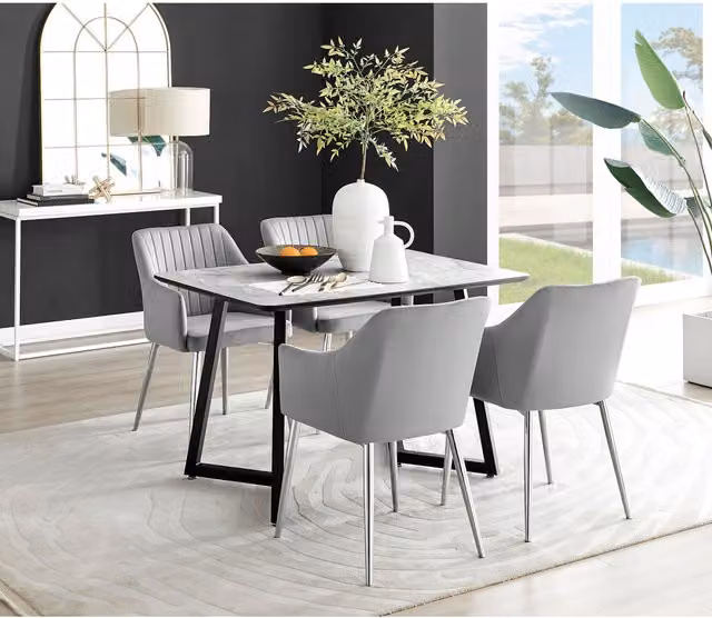 FurnitureboxUK Carson White Marble Effect Dining Table and 4 Calla Silver Leg Chairs in Grey