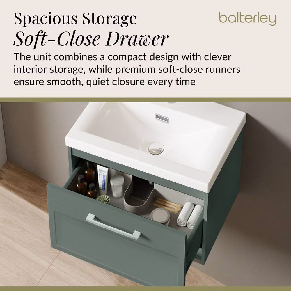 Balterley Wall Hung 1 Drawer Vanity Unit and 1TH Fireclay Basin, Green, Width: 50 cm – 3