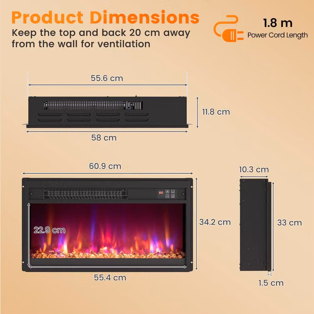 Costway 23 inch Recessed Electric Fireplace Insert 1500W Heater with Remote and Timer in Black – 3