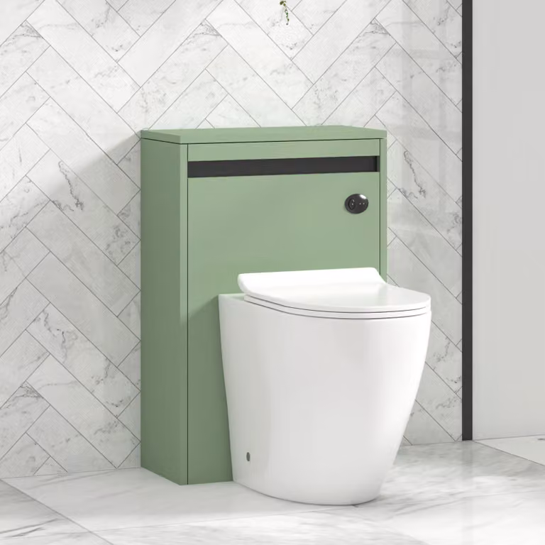Royal Bathrooms Orion 540mm Mint Sage WC Unit with Elva Rimless Short Projection Toilet Pan, Slim Seat and Cistern with Black Accent Trim