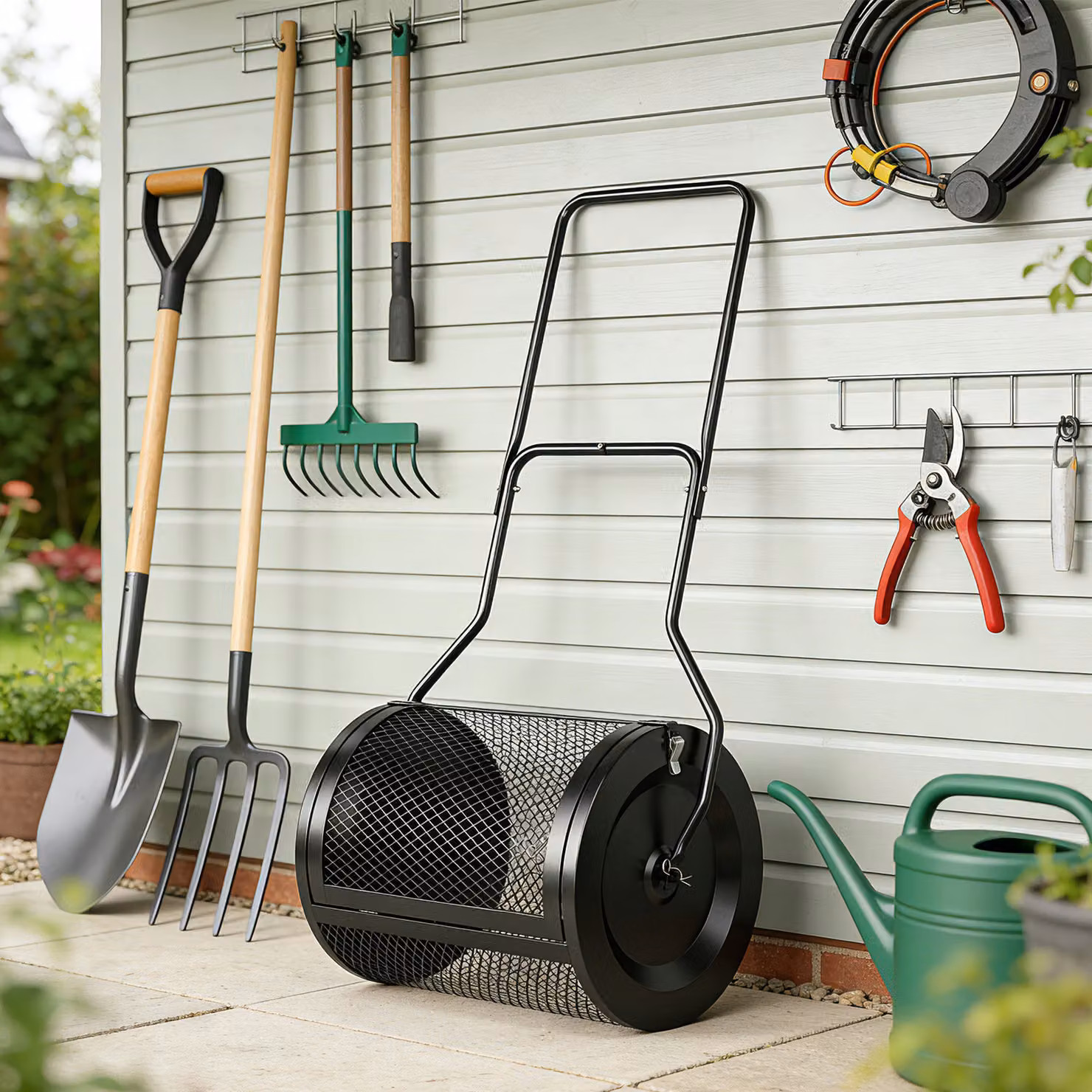 Outsunny Black Metal Compost Spreader with Detachable U-Shaped Handle and 20 Inch Peat Moss Basket – 8