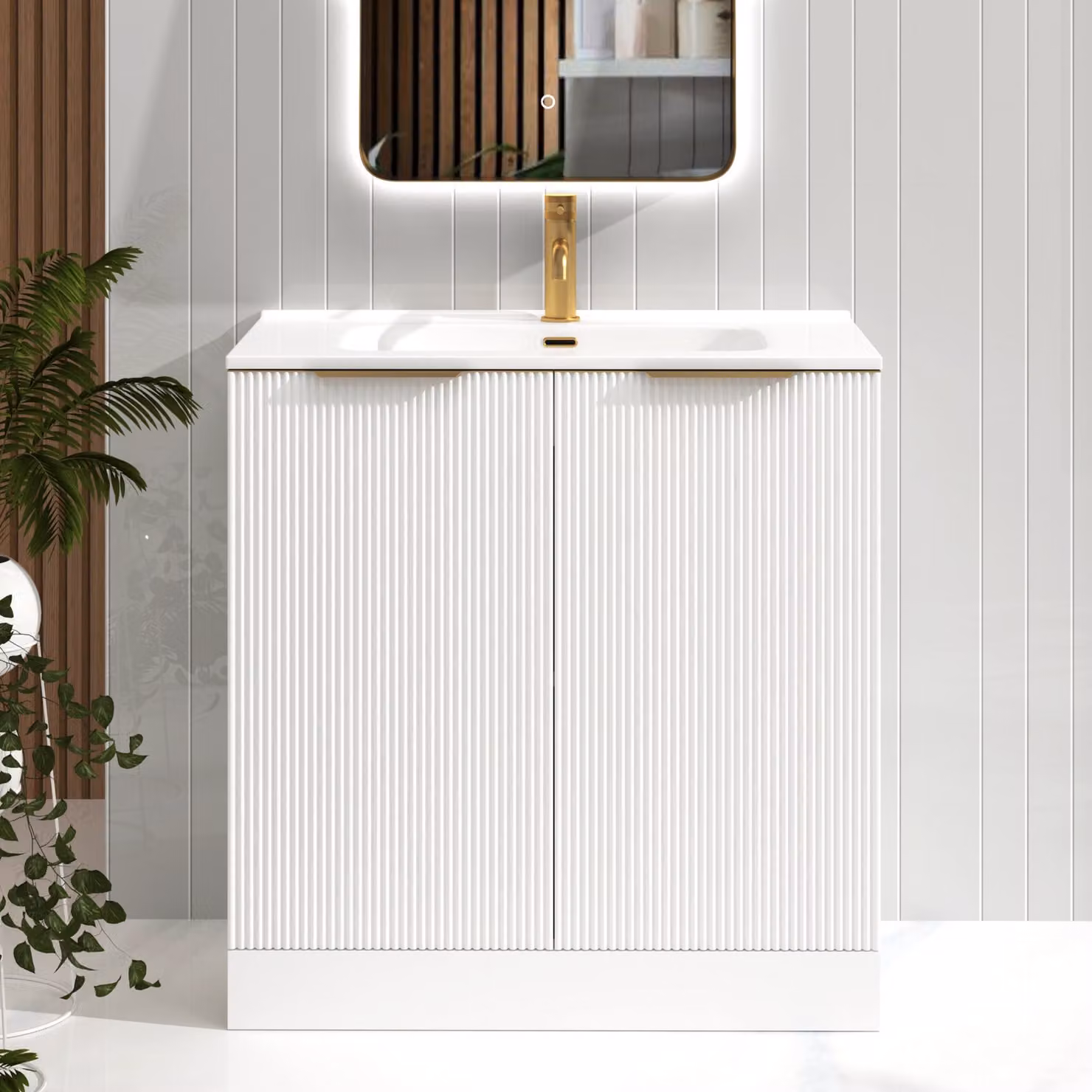 Royal Bathrooms Evora 800mm Matt White Fluted Floor Standing 2 Door Vanity Unit with Ceramic Basin and Brushed Brass Handles