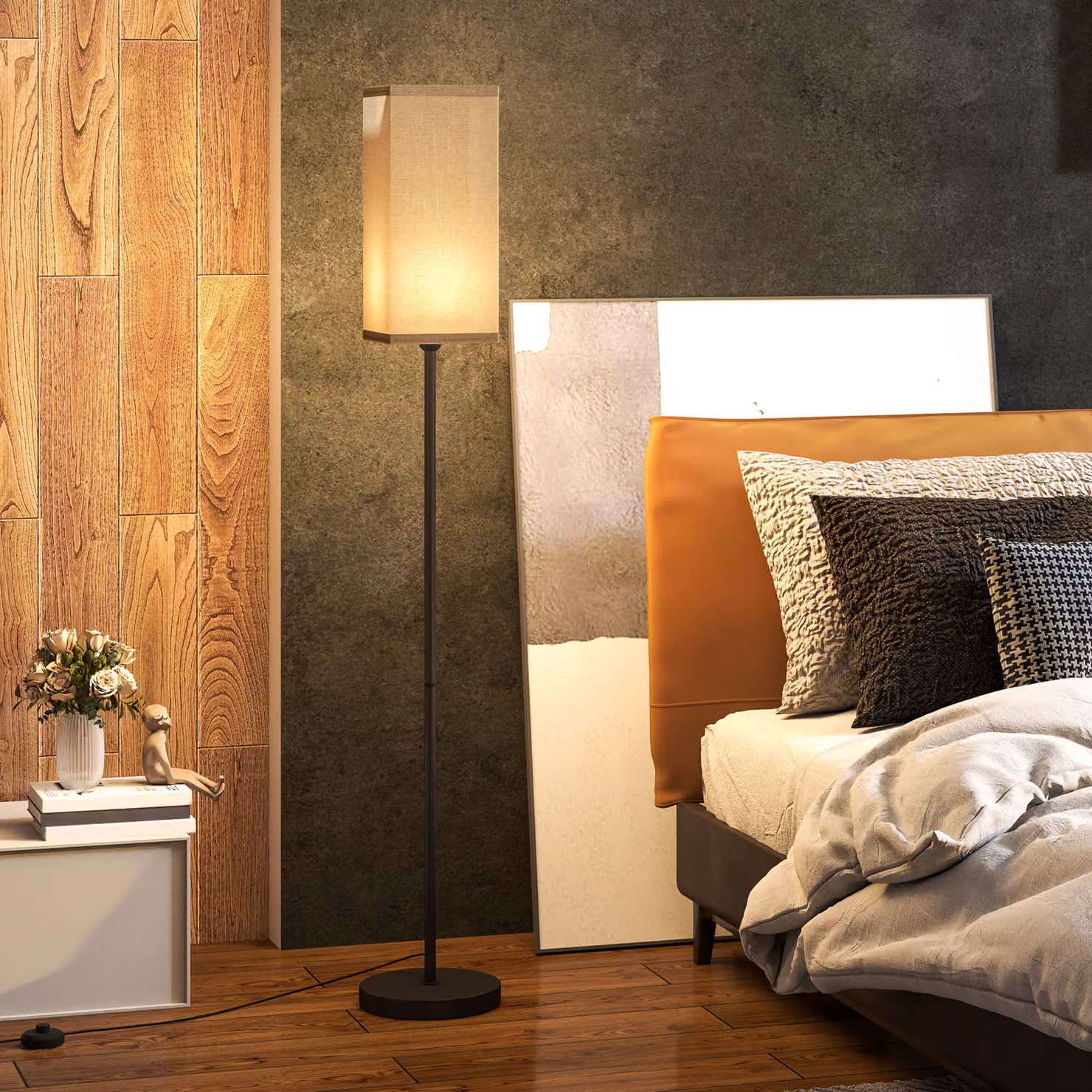 HOMCOM Modern Black Floor Lamp with Beige Fabric Linen Shade and Foot Switch – 2