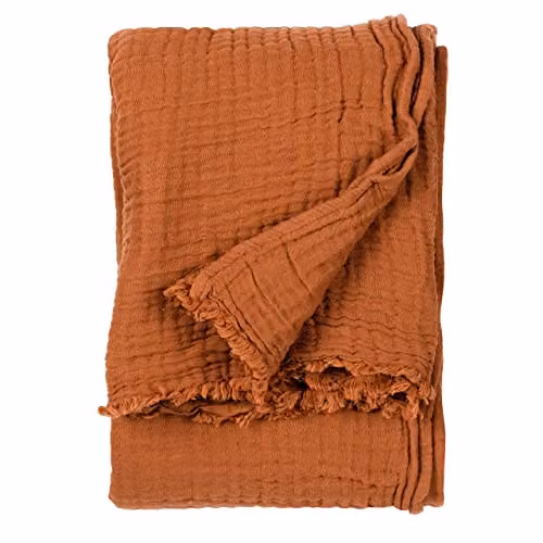 Riva Home Woven Cotton Muslin Throw with Fringes in Brown and Orange, W/D/H: 240 x 260 cm