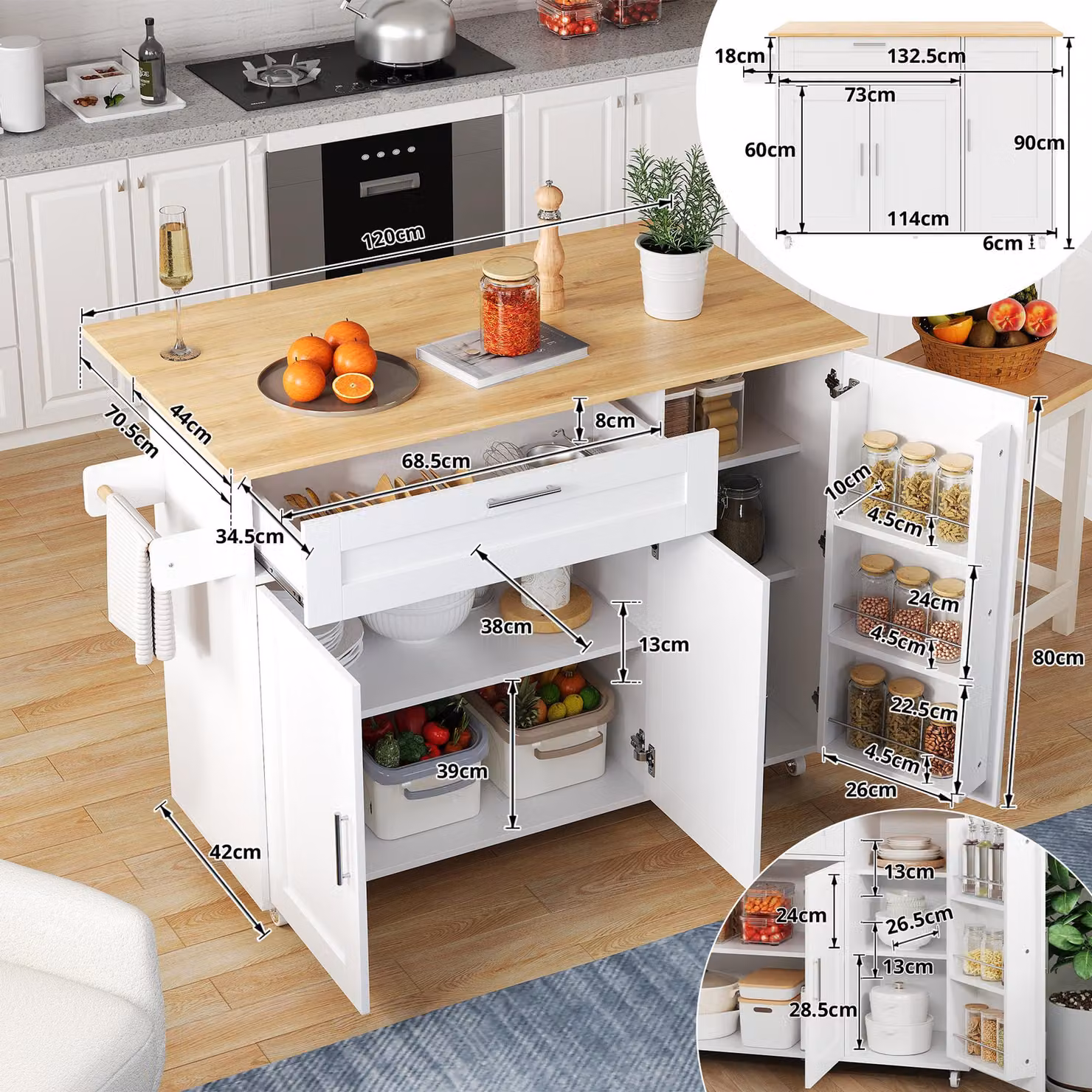 Aosom UK Mobile Kitchen Island with Foldable Oak-Look Worktop and Sliding Drawer, White and Natural, W: 132.5 cm, D: 44 cm, H: 90 cm – 3