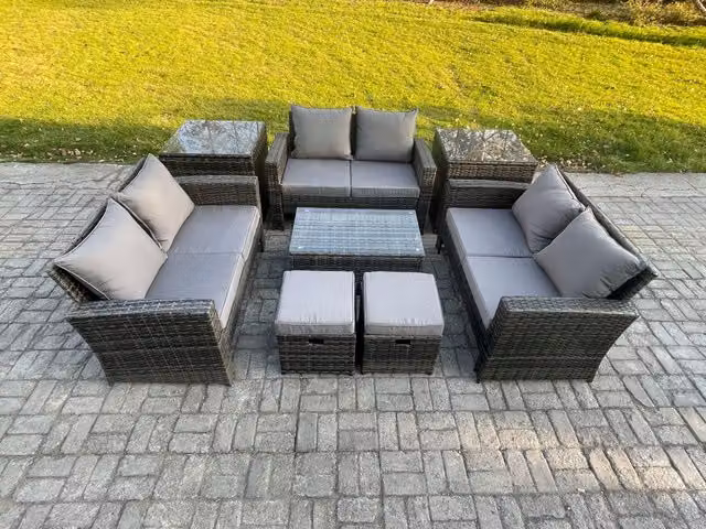 Fimous 8-Piece Rattan Garden Furniture Set in Dark Grey with Love Seat Sofa, 2 Side Tables and 2 Footstools