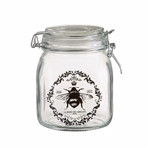 Orsina Queen Bee Glass Storage Jar with Clip Top Lid, 1000ml, Transparent with Gold and Brown Bee Motif – 1
