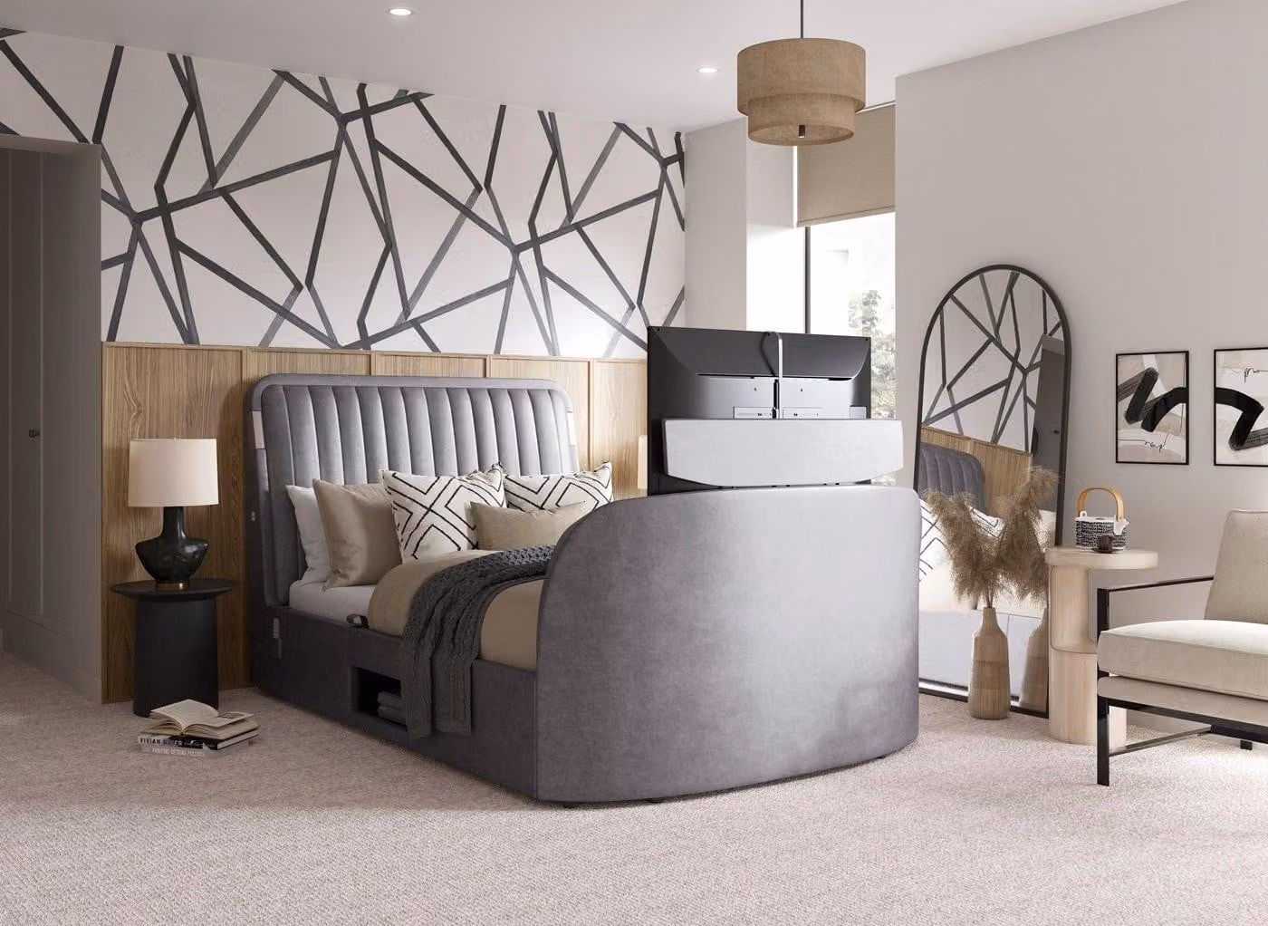 Dreams Yokohama Upholstered TV Bed with Lift Up Base and Bedside Shelf in Grey