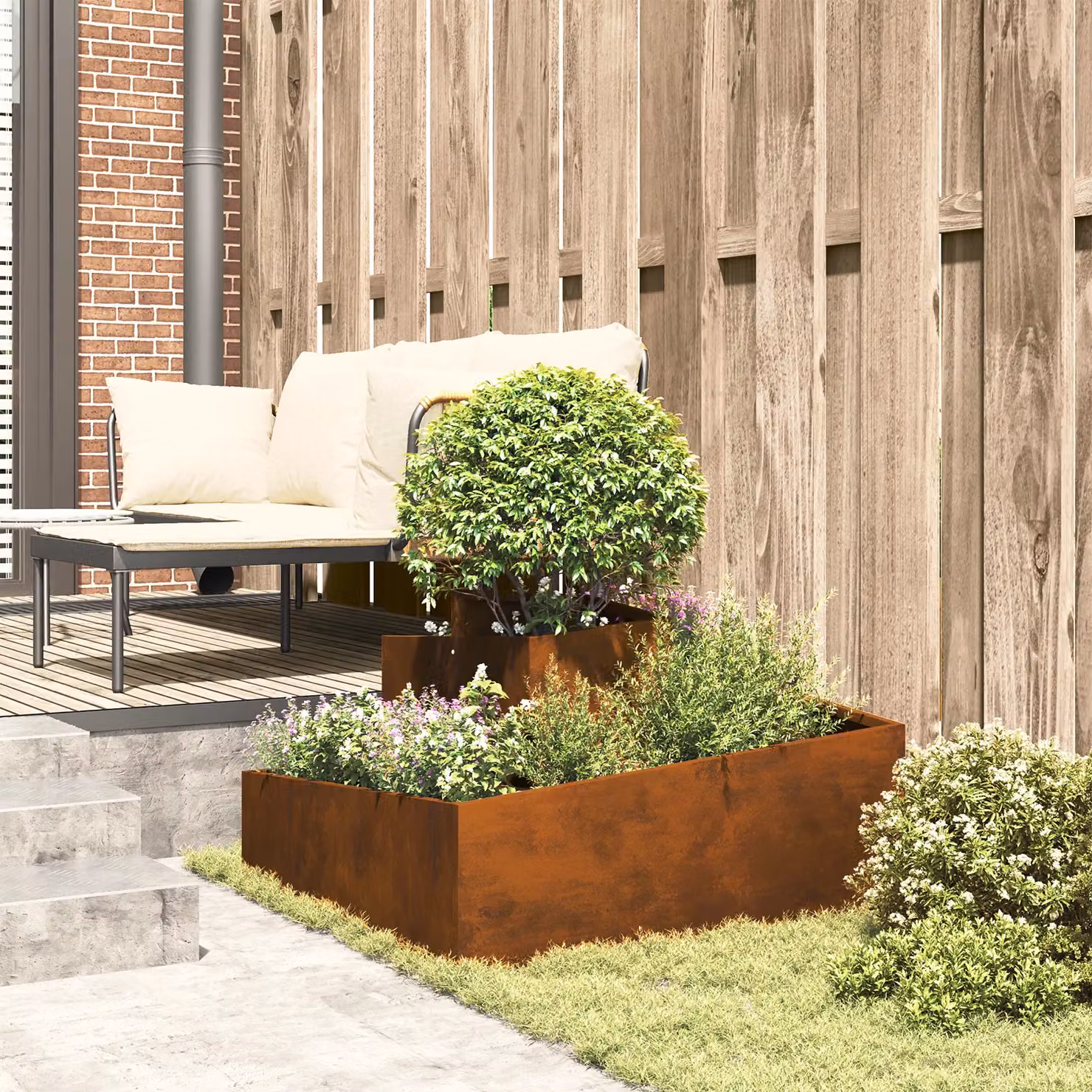Berkfield Home Brown Weathering Steel Ornamental Garden Planter Tub W: 80 cm, D: 80 cm, H: 50 cm – 4