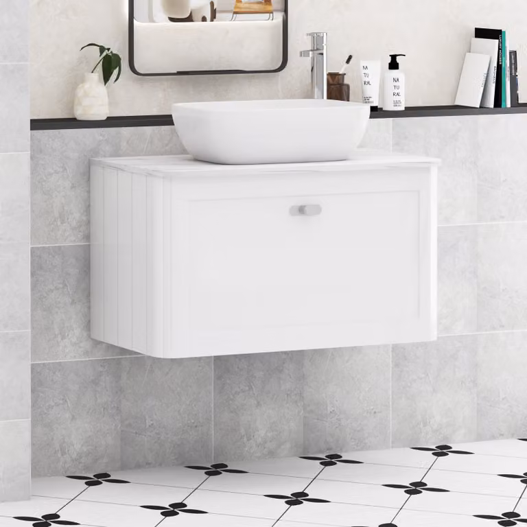 Royal Bathrooms Henley 800mm Gloss White Wall Hung Vanity Unit with Elva Basin and Chrome Knob