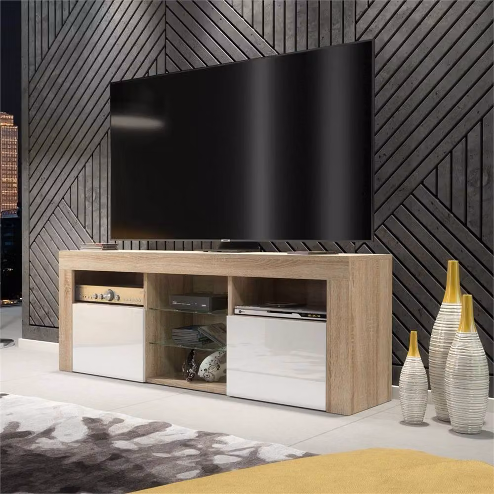PAWNORA Modern TV Unit with Oak Matt Body and White Gloss Doors – 2