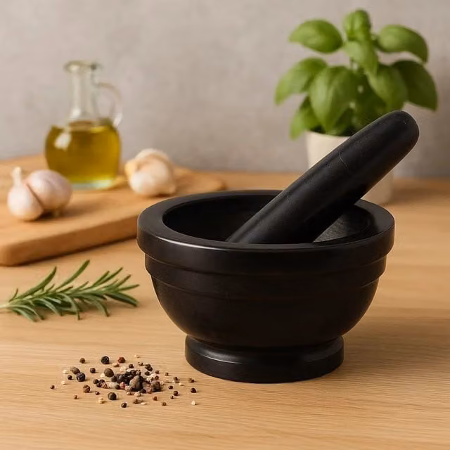 Orsina Round Marble Mortar and Pestle in Brown and Black